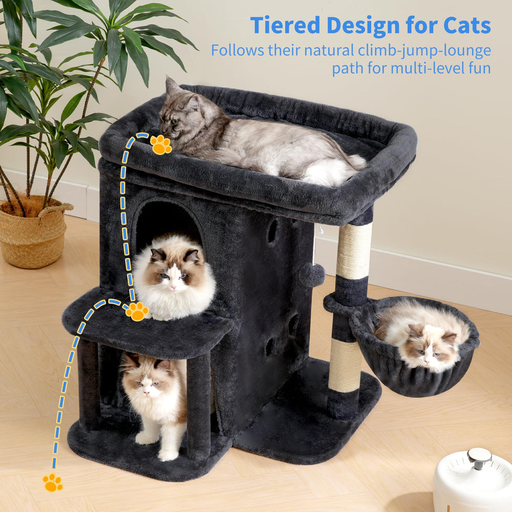 Heybly cat-tree pom-pom-toy engages playful cats and adds motion.