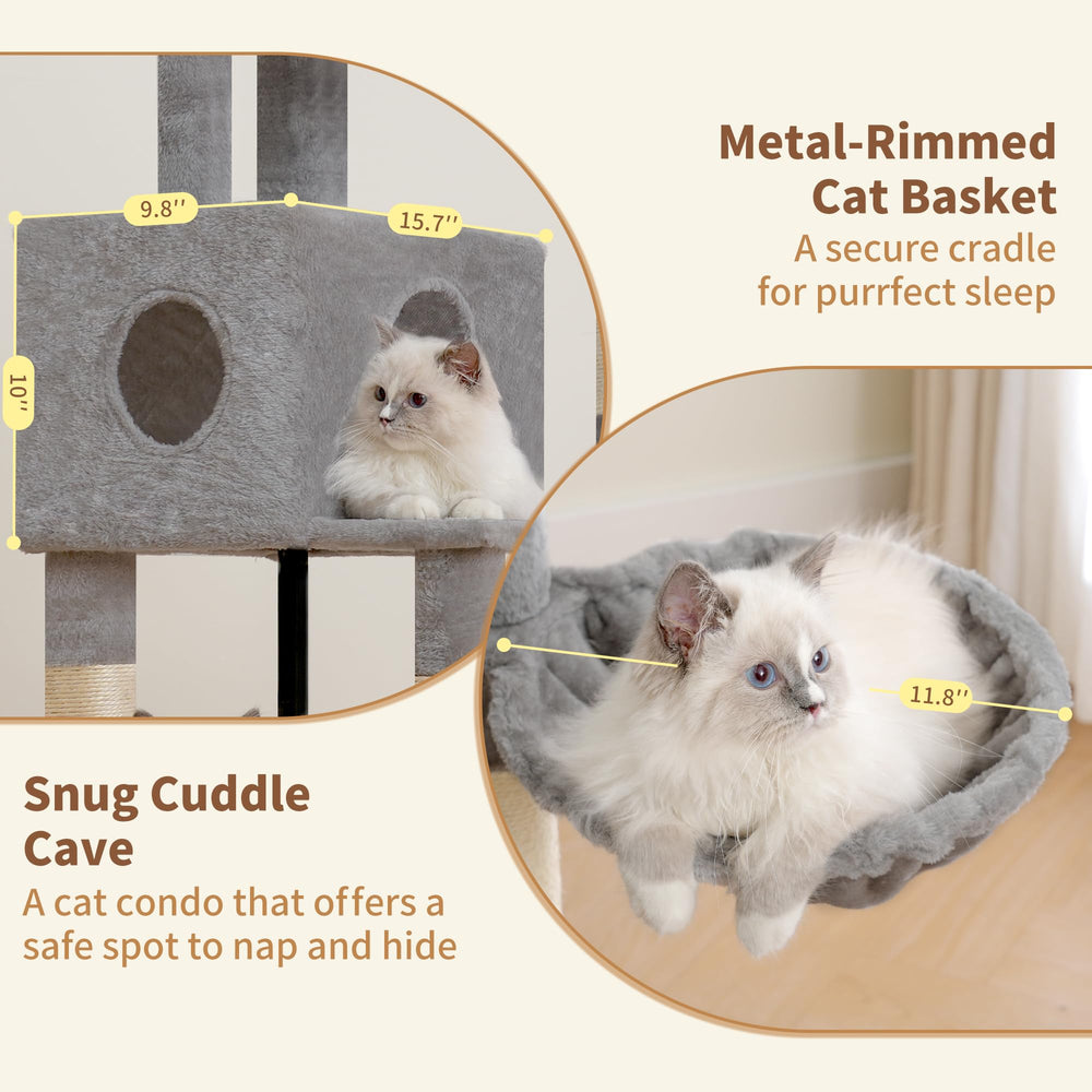 Heybly cat tree pom-poms invite interactive play and enrichment.