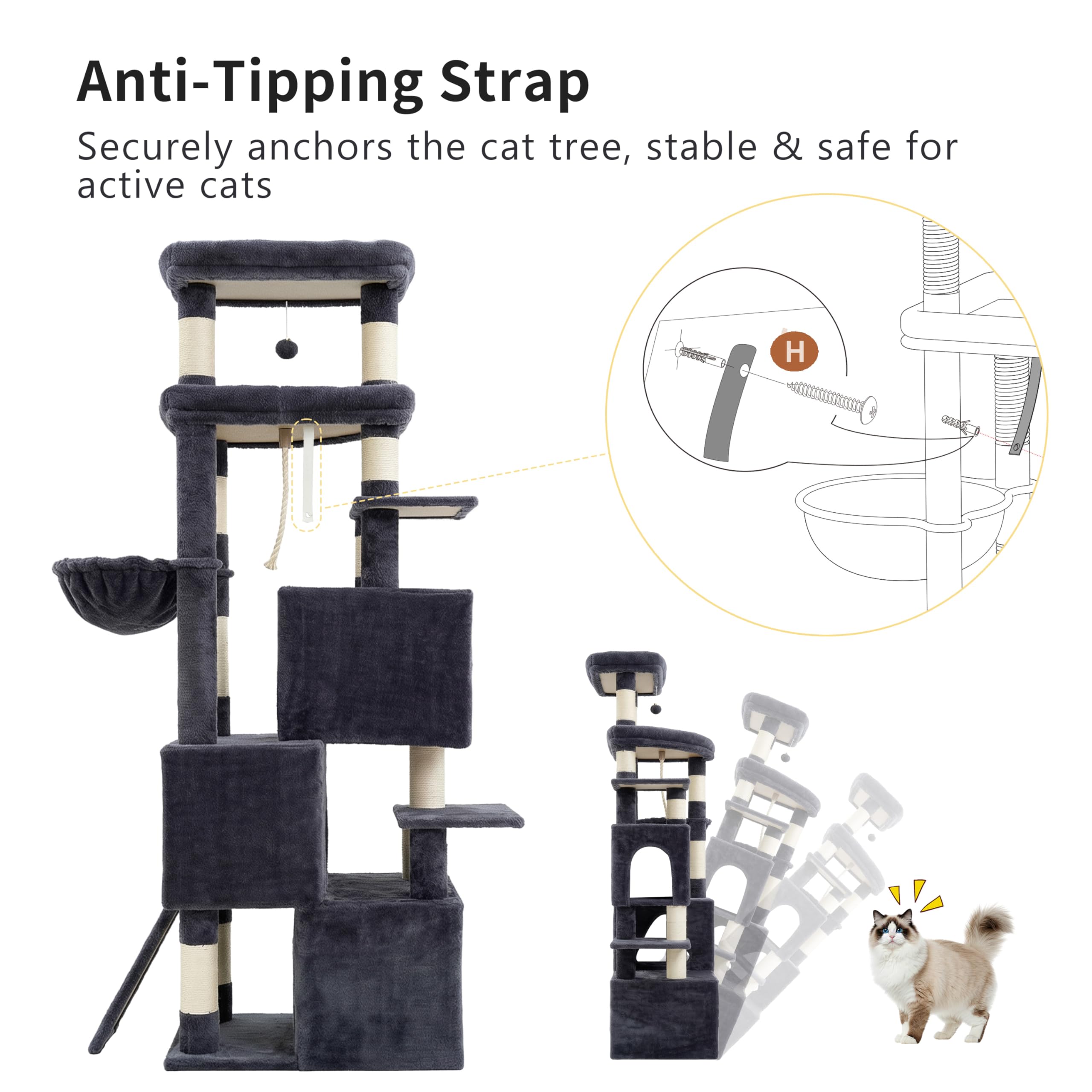 Heybly cat tree pom-pom rope teaser boosts interactive play.