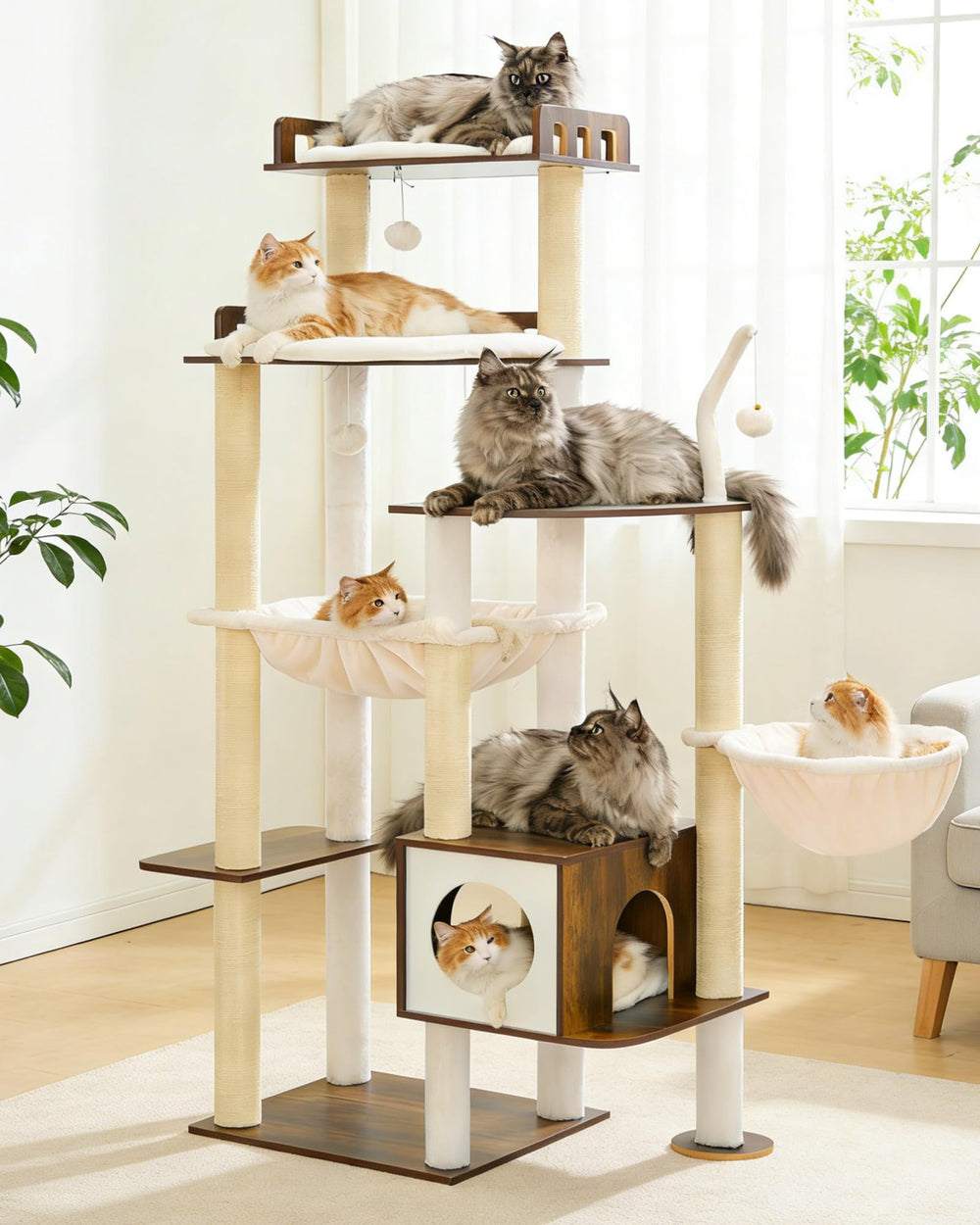 Heybly Cat Tree rustic brown wood finish complements modern interiors