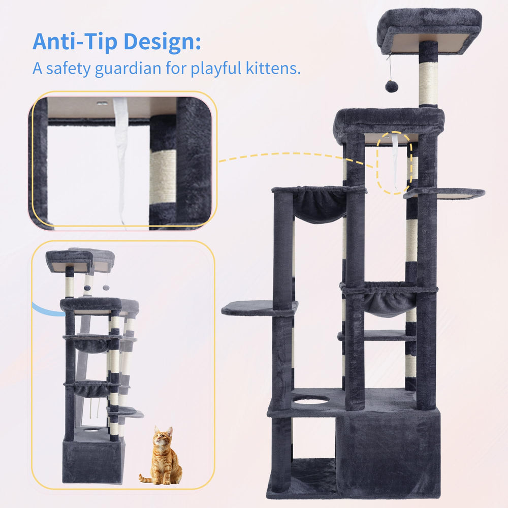 Heybly cat tree smoky-gray finish complements décor and remains durable.