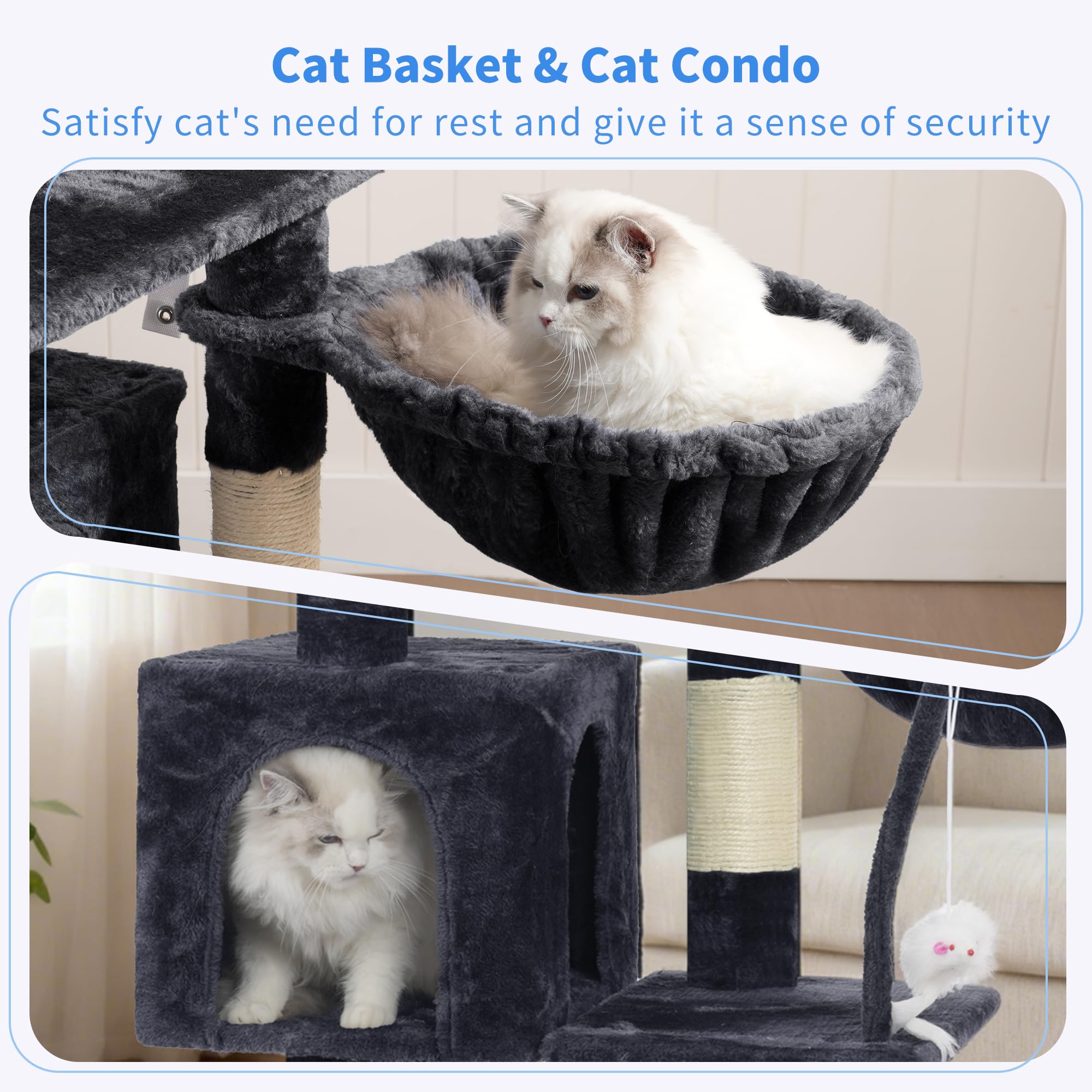 Heybly cat tree with sisal posts encourages scratching and healthy claws.