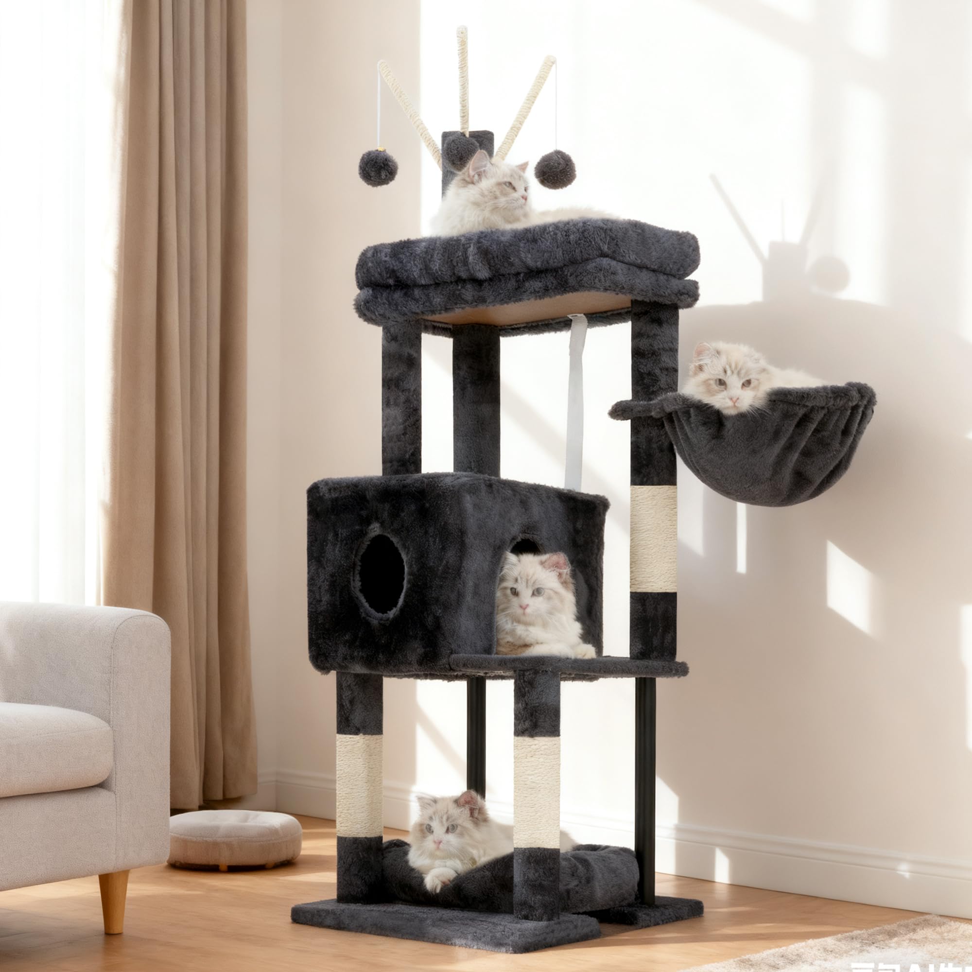 Heybly Cat Tree smoky gray finish fits modern interiors and complements decor.
