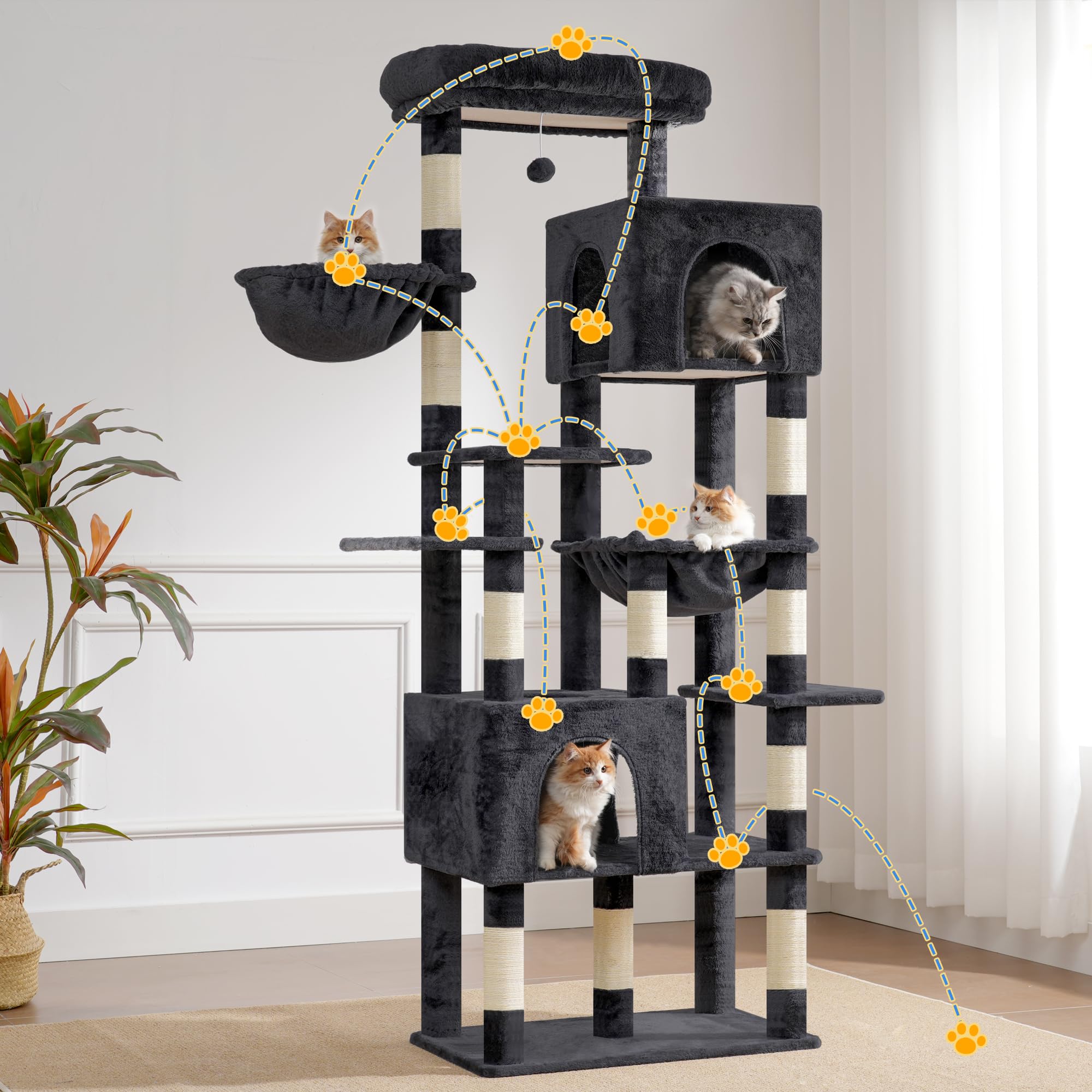 Heybly smoky gray cat tree complements modern interiors.