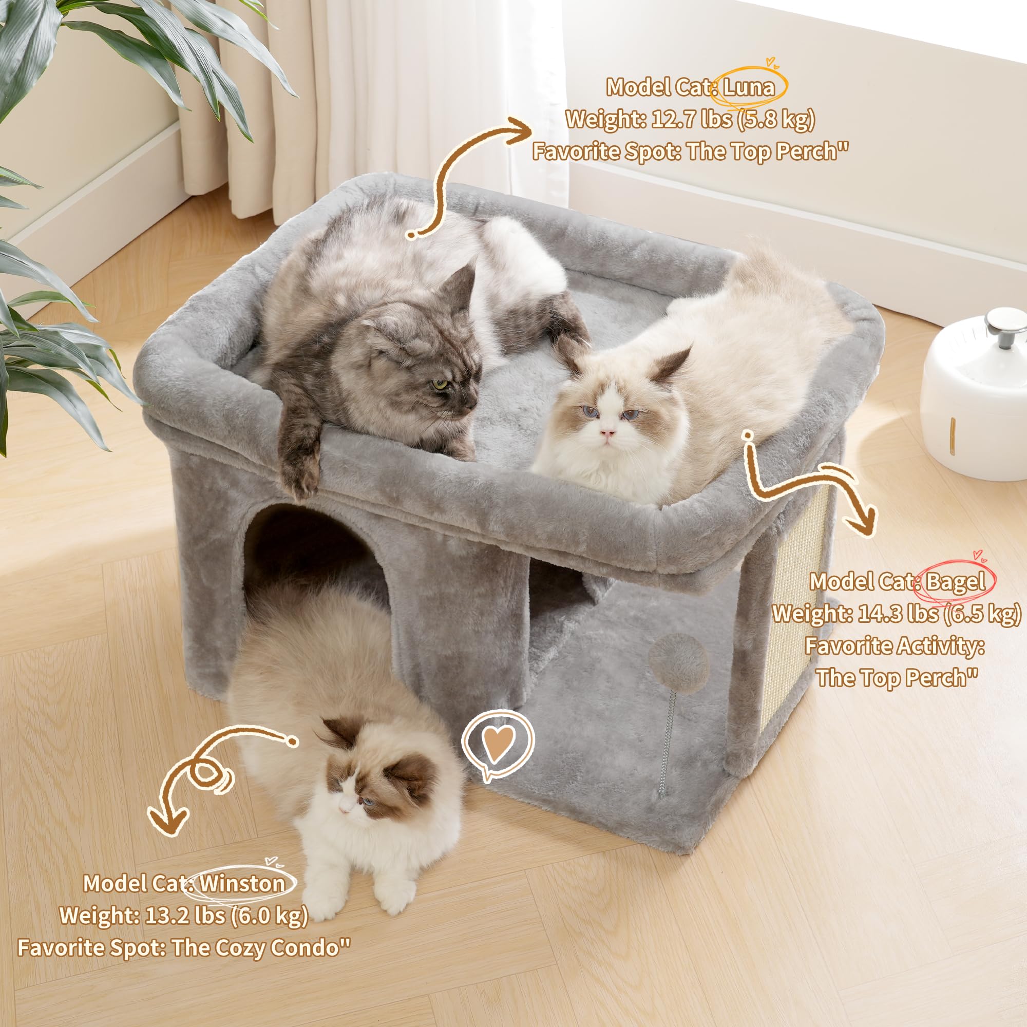 Heybly Cat Tree soft plush fabric delivers warm comfort during cat naps.