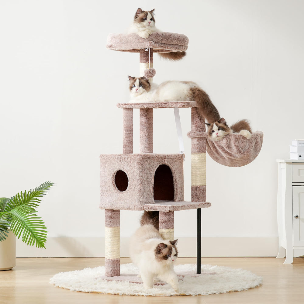 Heybly cat tree plush top perch provides soft comfort.