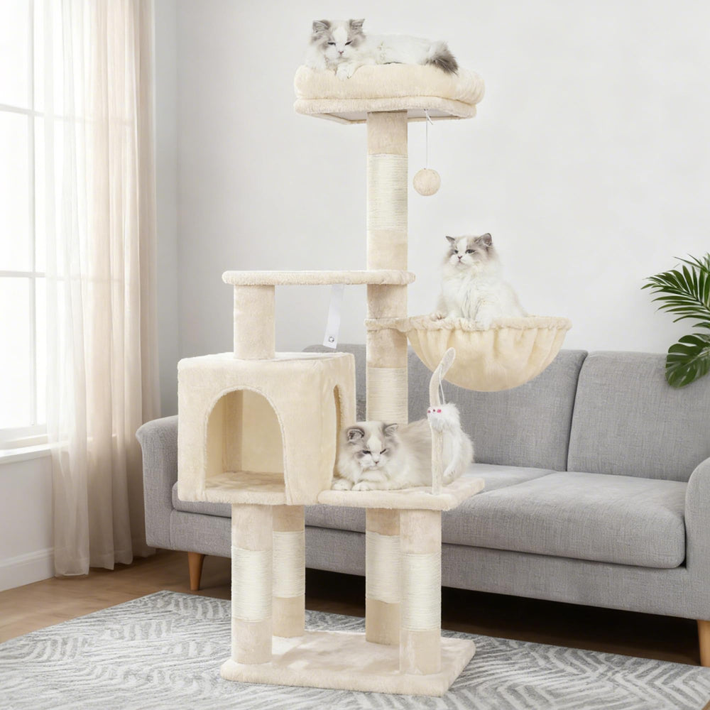 Heybly beige cat tree blends with home decor and adds vertical space.