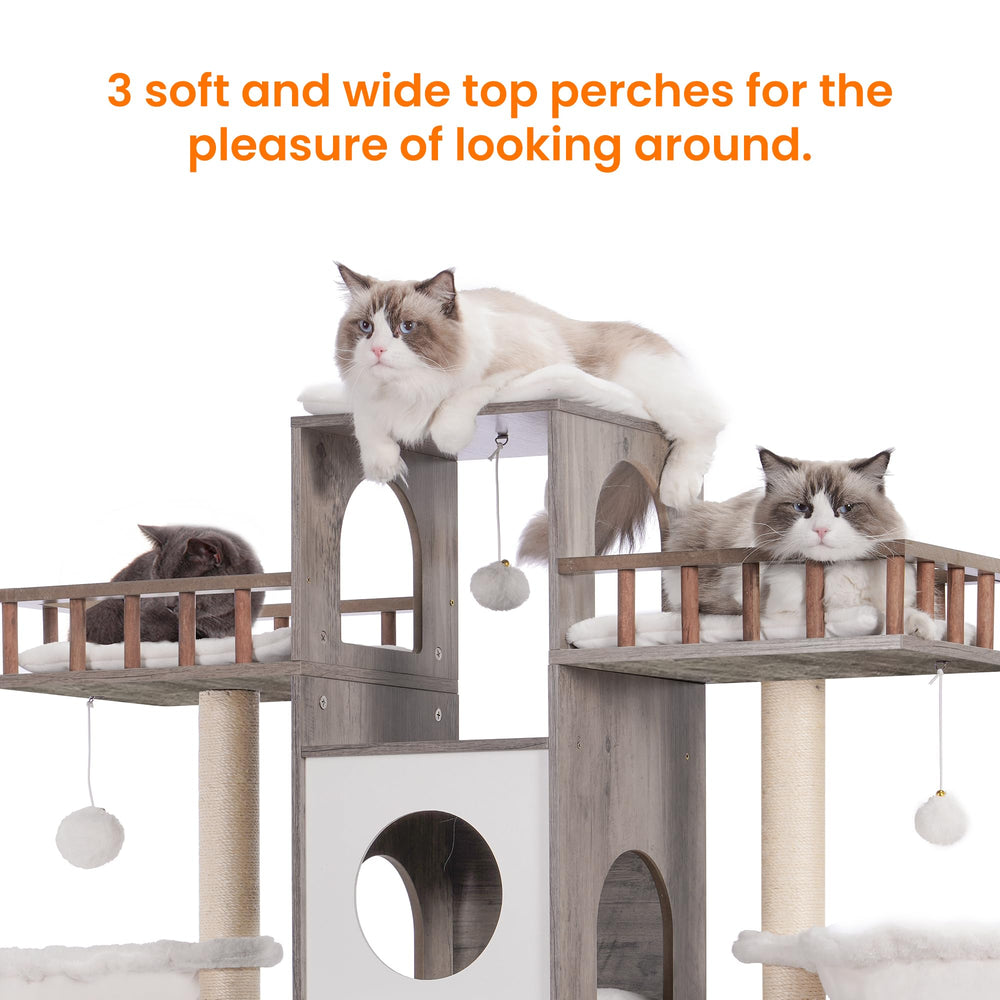 Heybly cat tree sturdy base supports jumping and playful movement.