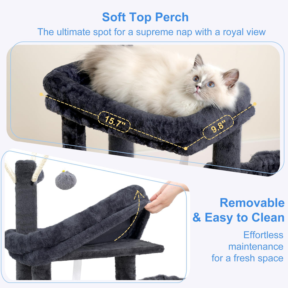 Heybly Cat Tree suspended bed gives a snug nesting option above the base.