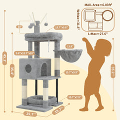 Heybly cat tree suspended hammock enables relaxed stretching and play.