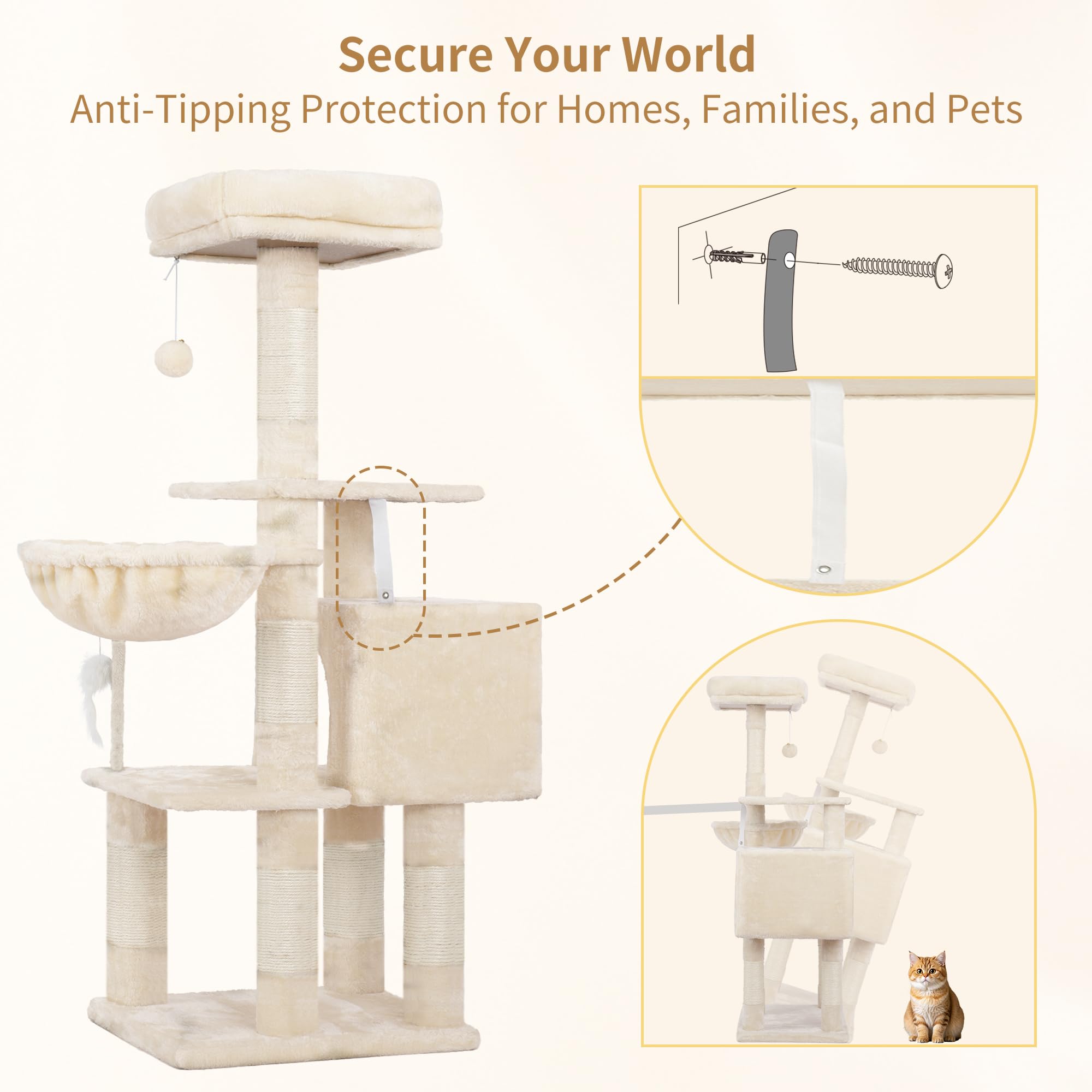 Heybly cat tree includes bell ball for gentle interactive fun.