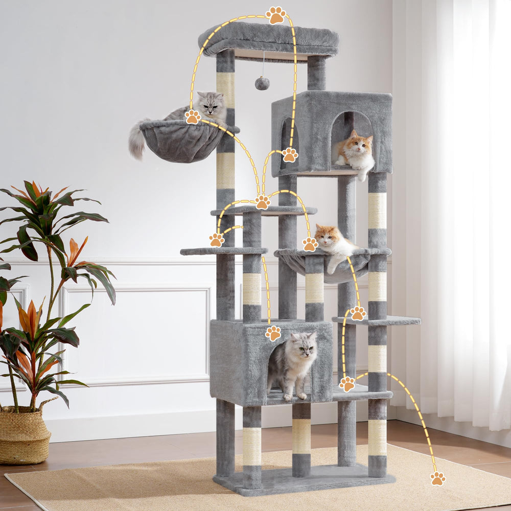 Heybly cat tree ten scratching posts satisfy scratching instincts.