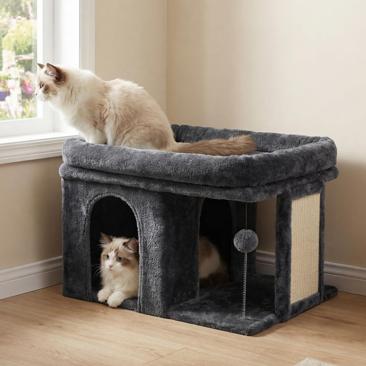 Heybly cat tree top perch in smoky gray offers roomy lounging space