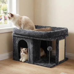 Heybly cat tree top perch in smoky gray offers roomy lounging space