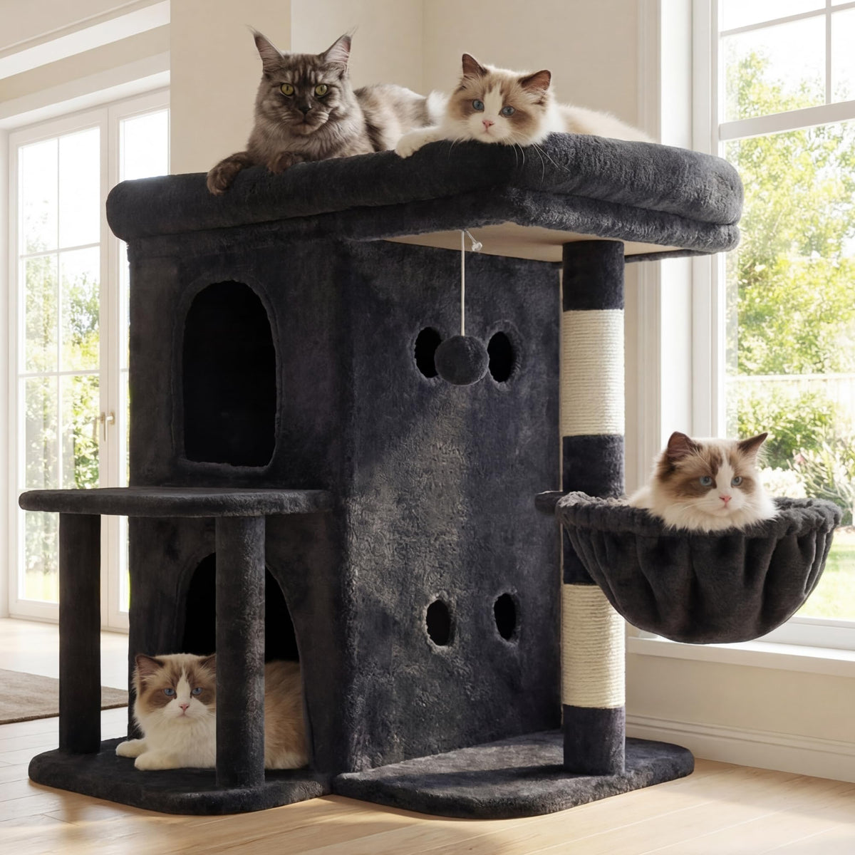 Heybly cat tree top-perch offers a roomy lounge for large cats to stretch and sunbathe.