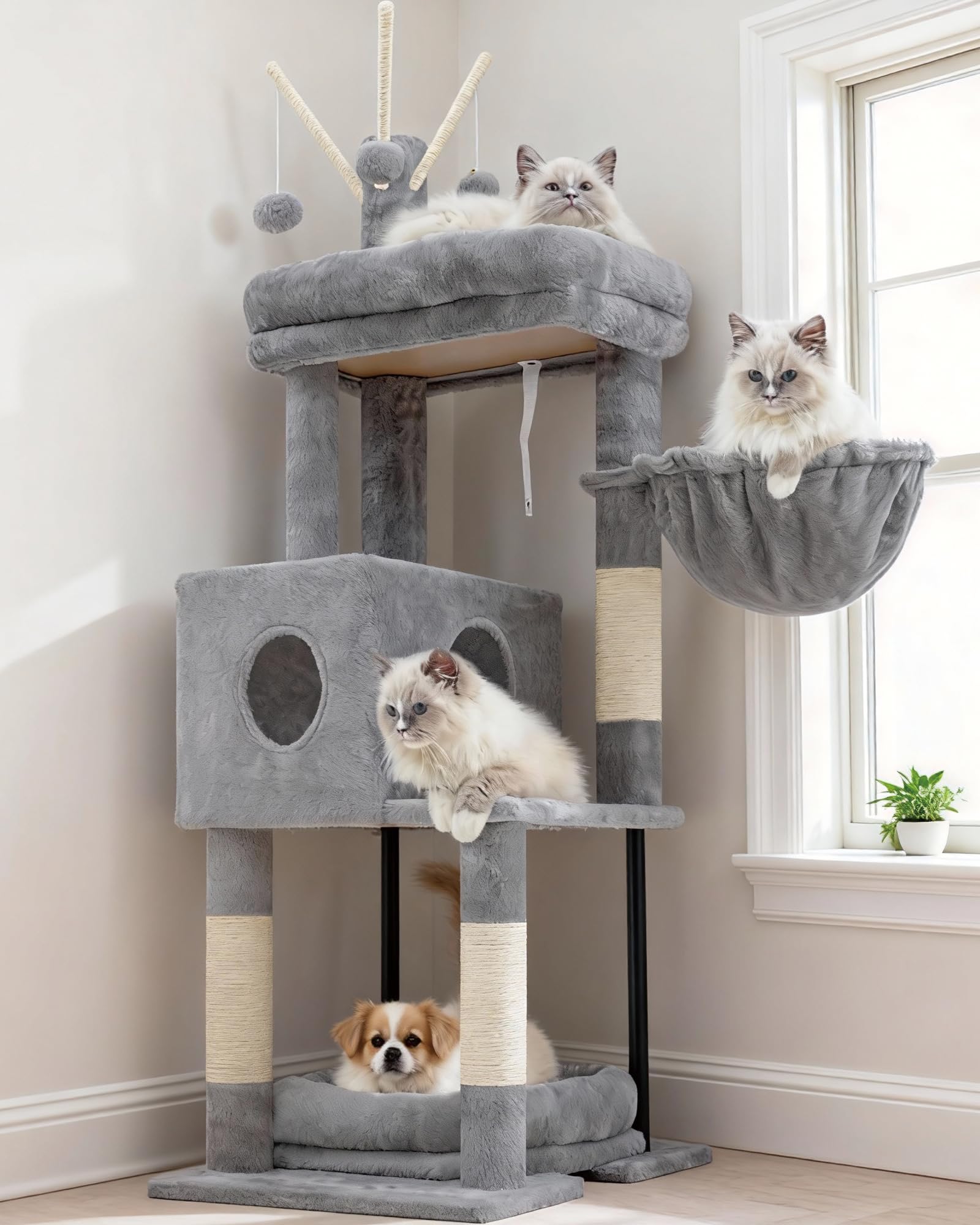 Heybly cat tree top perch provides a spacious high resting spot for cats.