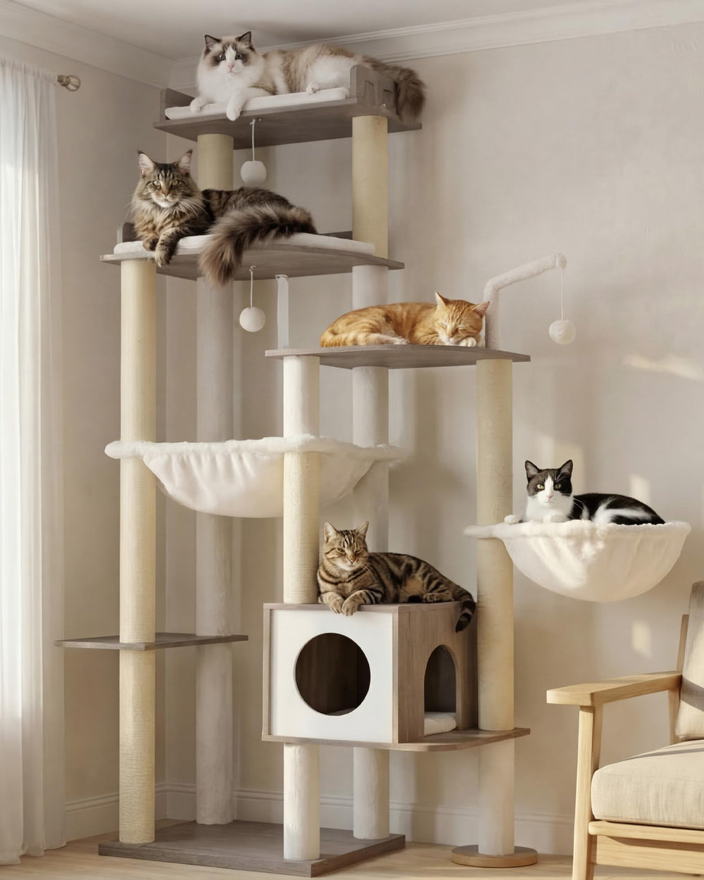 Heybly cat tree top perches offer roomy resting spots with elevated views