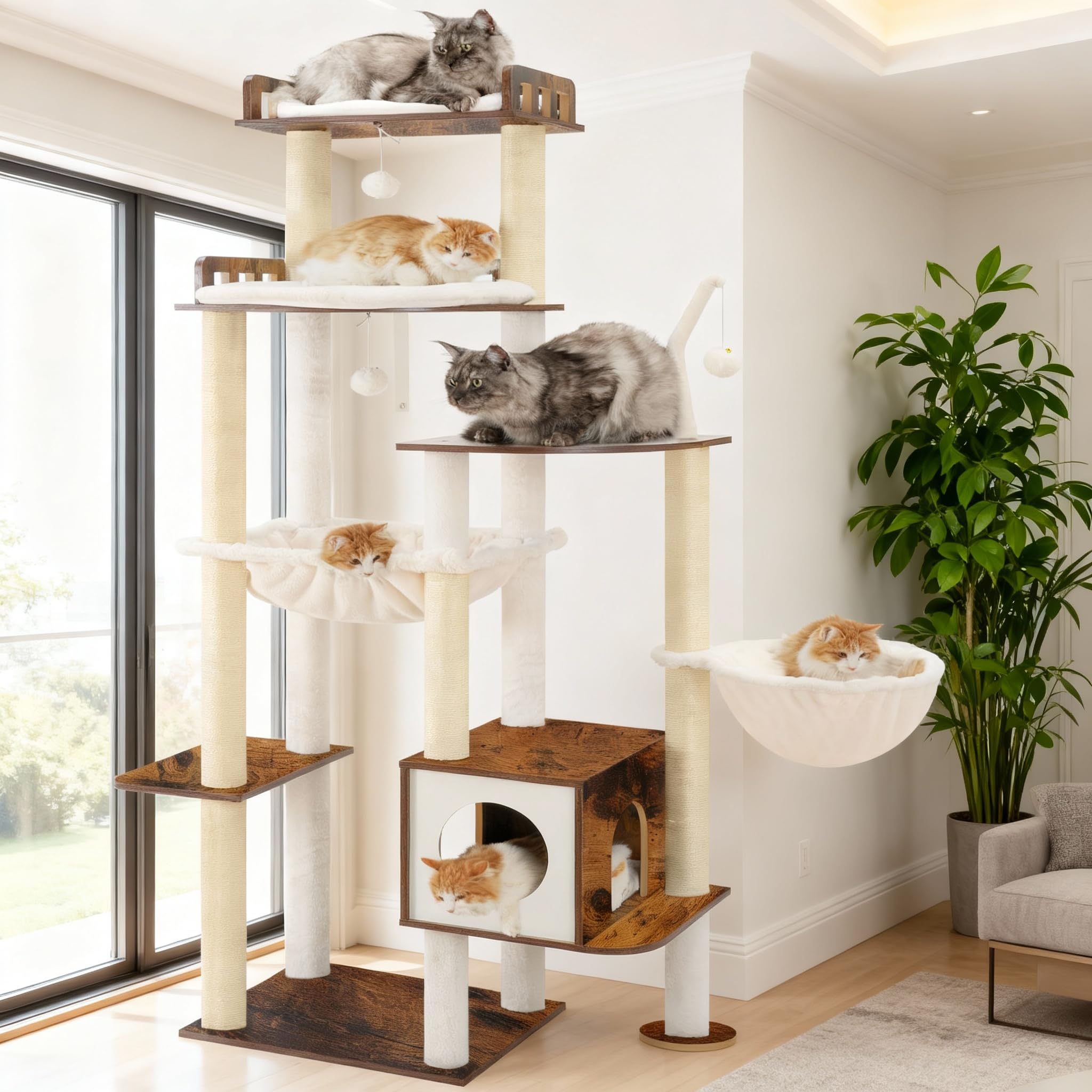 Heybly Cat Tree trapezoidal base enhances sturdiness during jump play