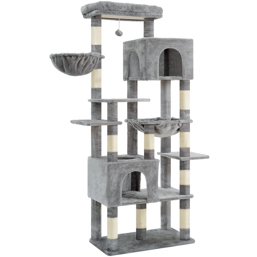 Heybly cat tree features two condos for private lounging and retreat.