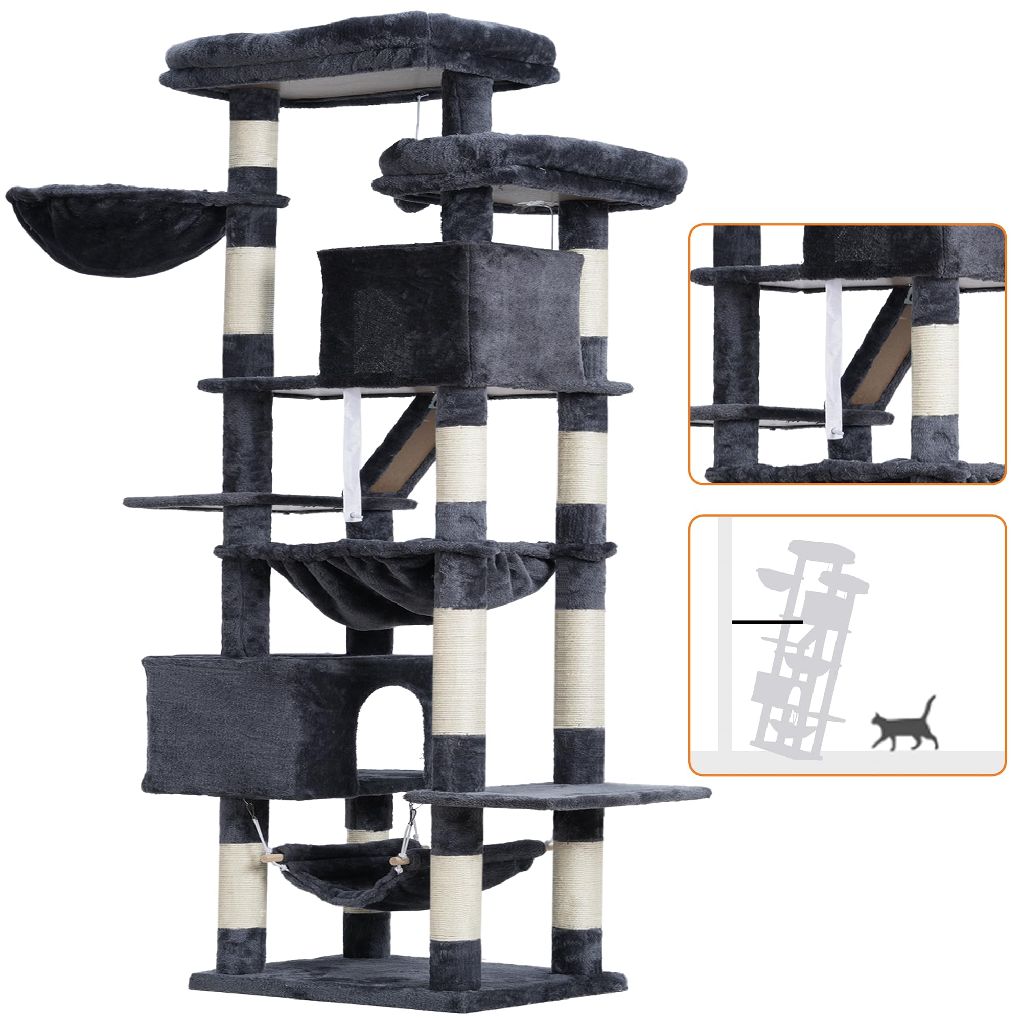 Heybly cat-tree two condos create private dens for naps and hiding.