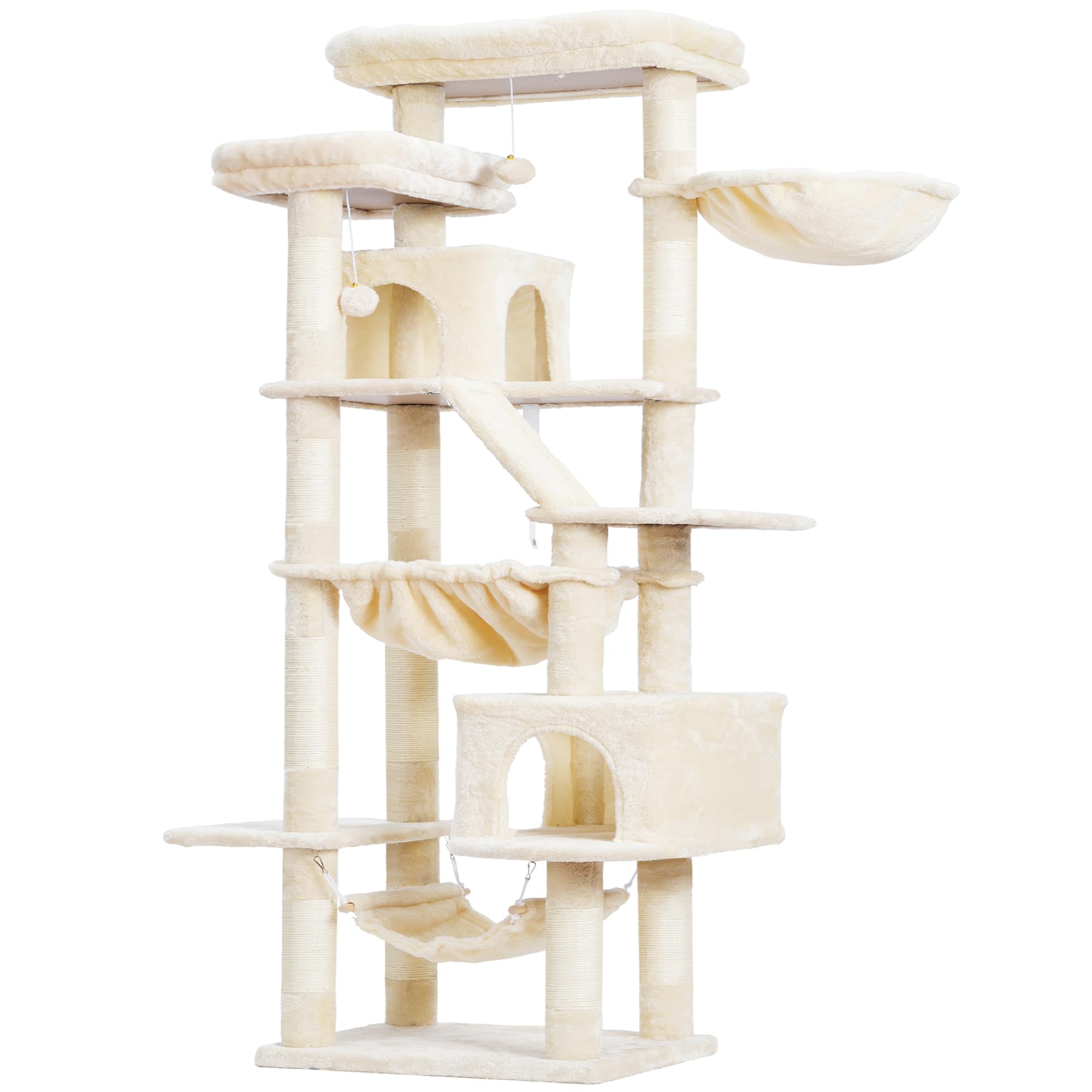 Heybly cat tree two hammocks offer gentle sway and cozy naps.