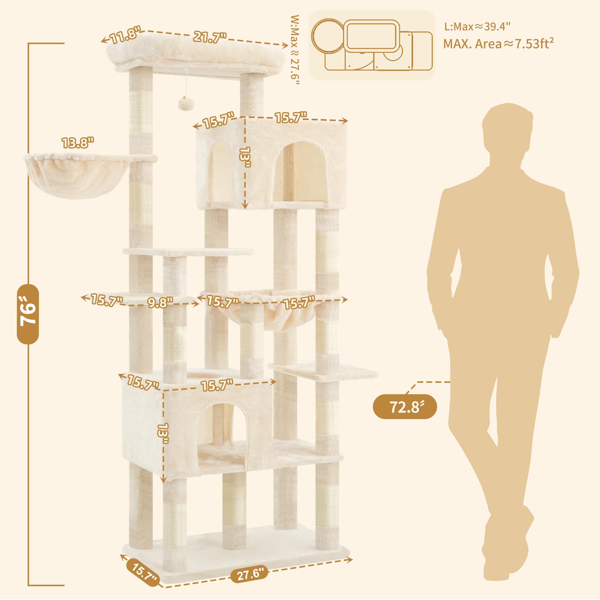 Heybly cat tree wide base stability enhances safety during play.