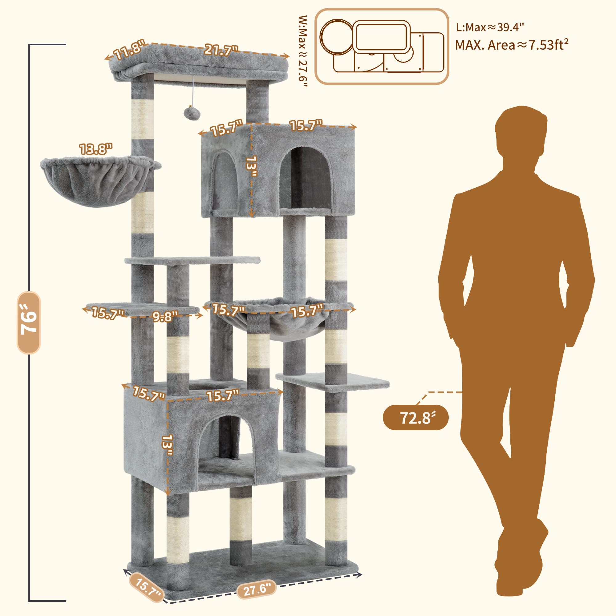 Heybly cat tree wide baseboard offers stable footing on busy floors.