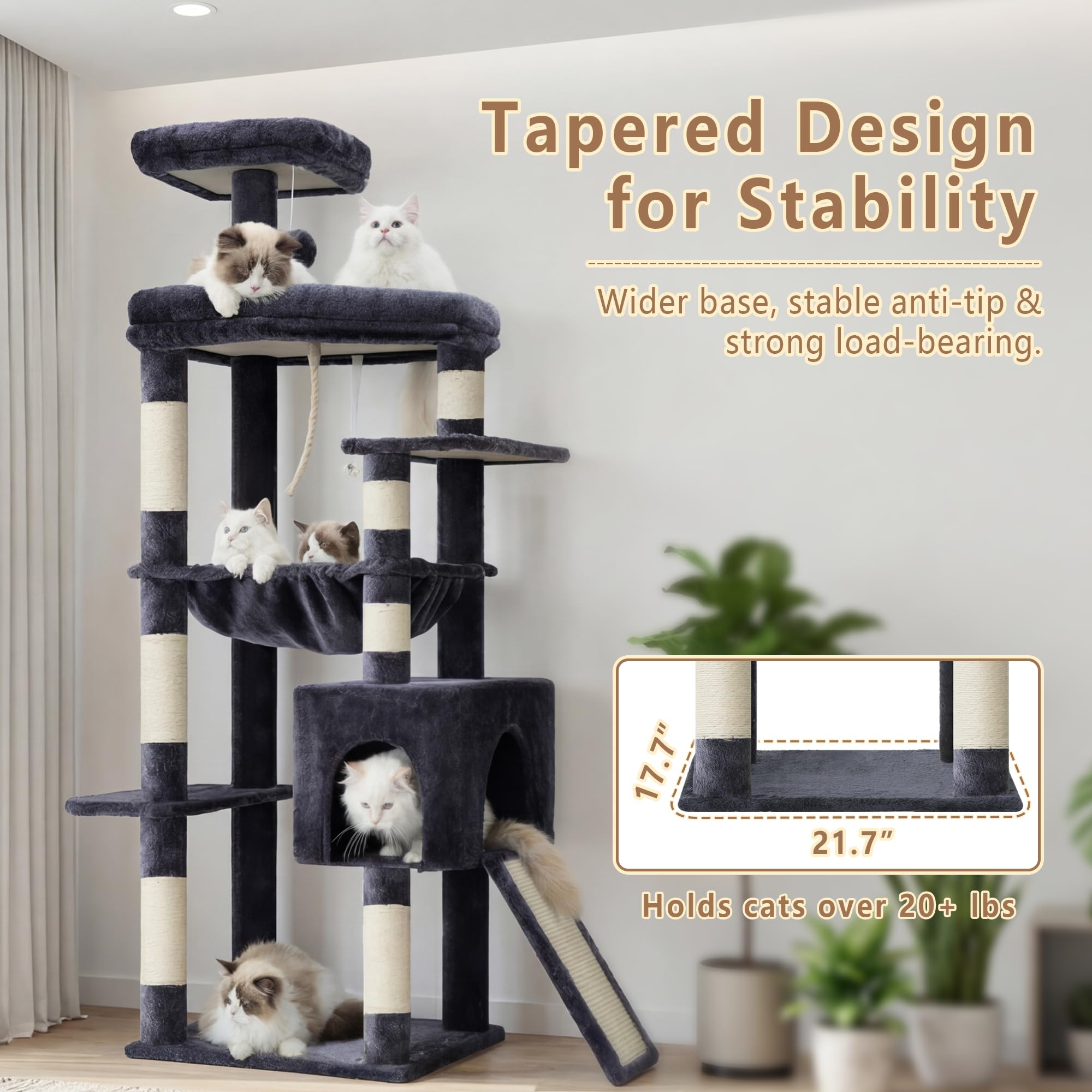 Heybly heavy-duty cat tree anti-tip device adds safety during play.