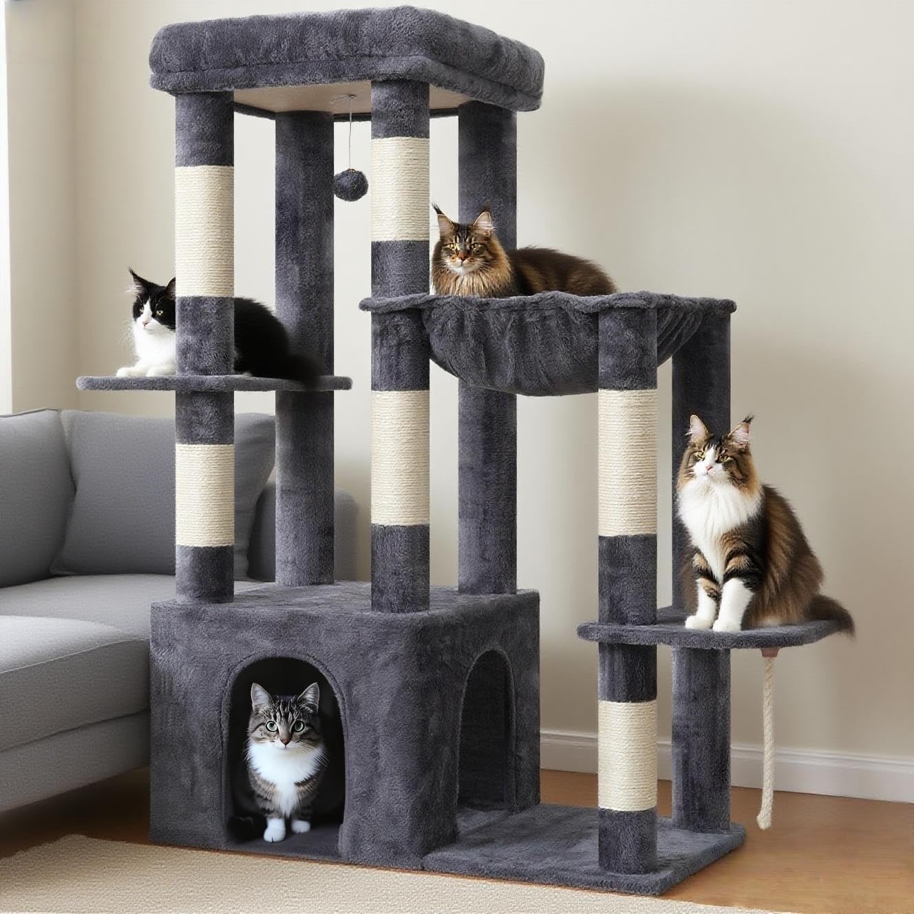 Heybly Heavy Duty Cat Tree smoky gray finish complements modern home decor.