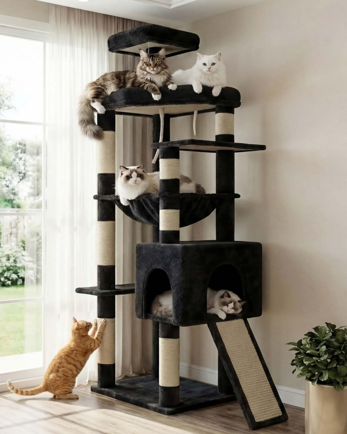 Heybly heavy-duty cat tree with wide base offers stability for large indoor cats.