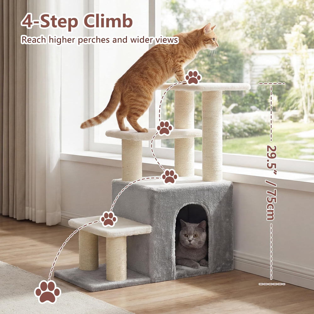 Heybly stairs by a window sill invite sunlit lounging and observation.