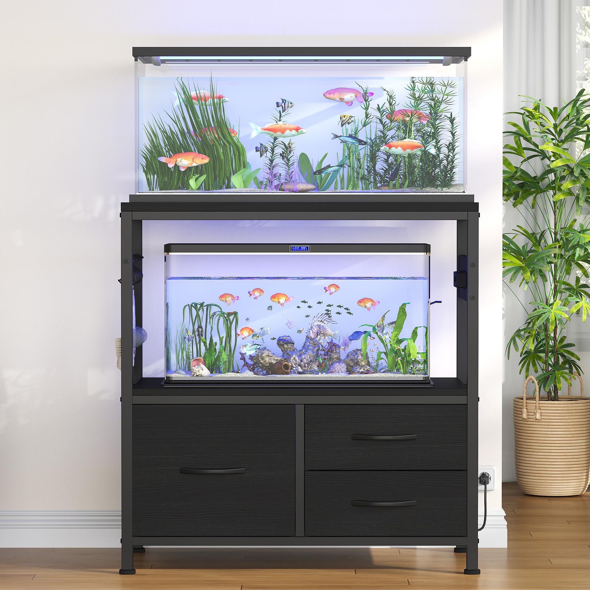 Heybly stand organized storage visuals show easy access to aquarium supplies for maintenance.
