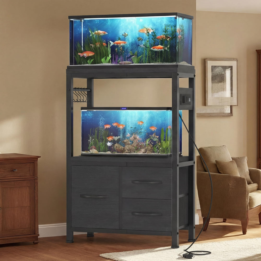 Heybly stand with black finish complements modern decor.