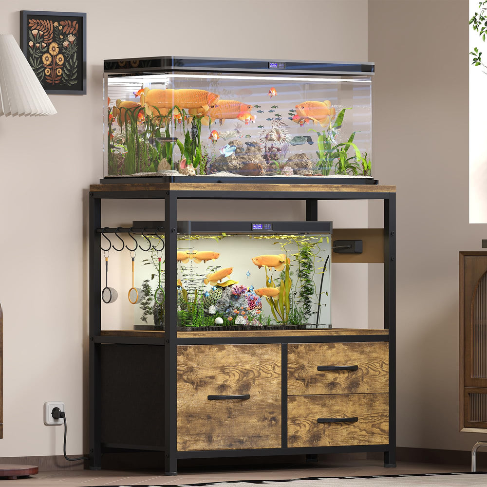 Heybly stand front view with integrated outlets for tidy power access.