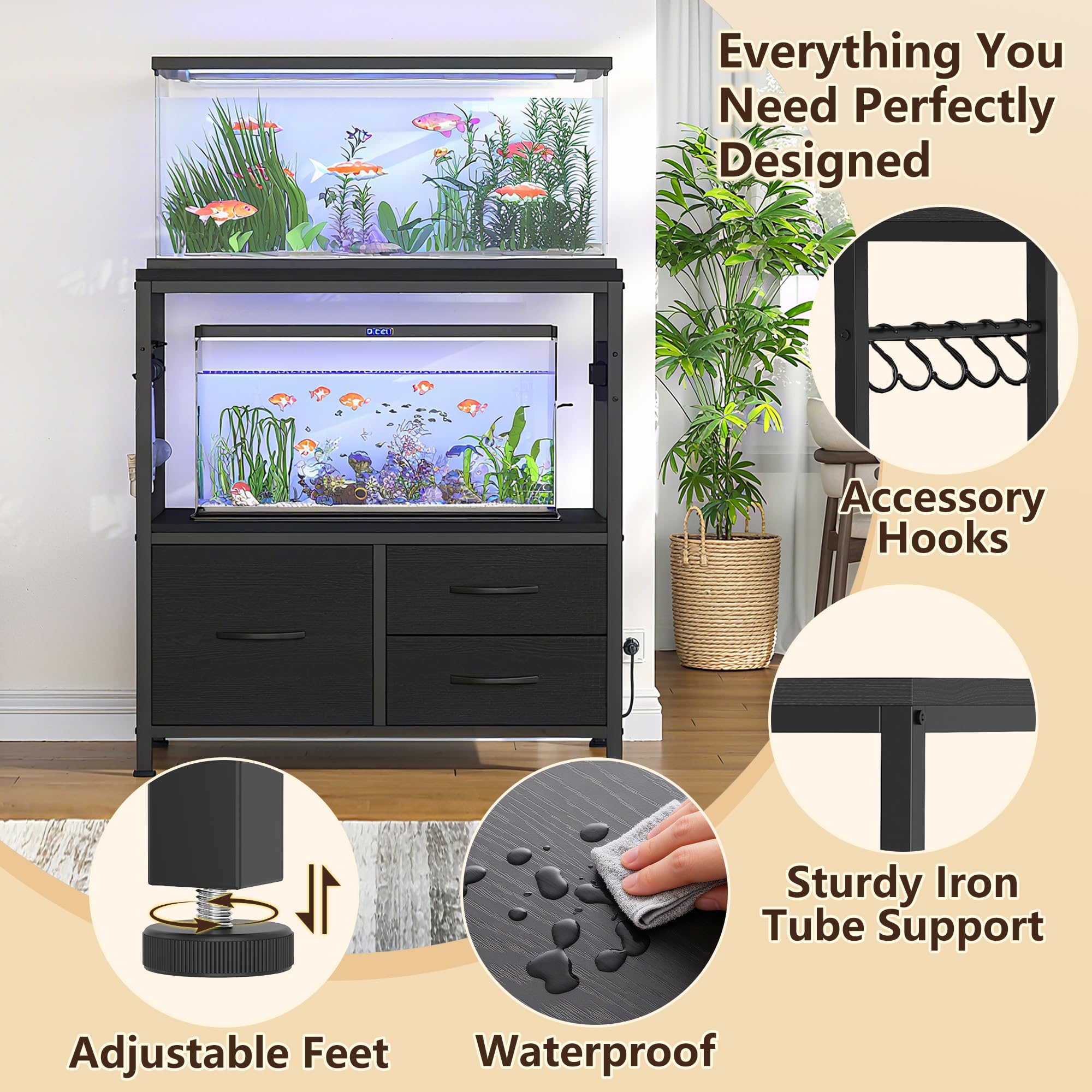 Heybly stand sump area accommodates additional tanks or supplies for flexible aquatics setup.