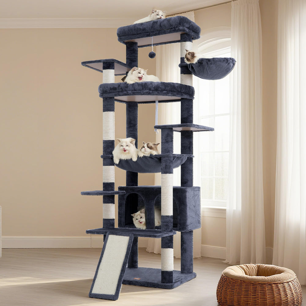 Heybly smoky gray cat tree blends with home decor and enrichment