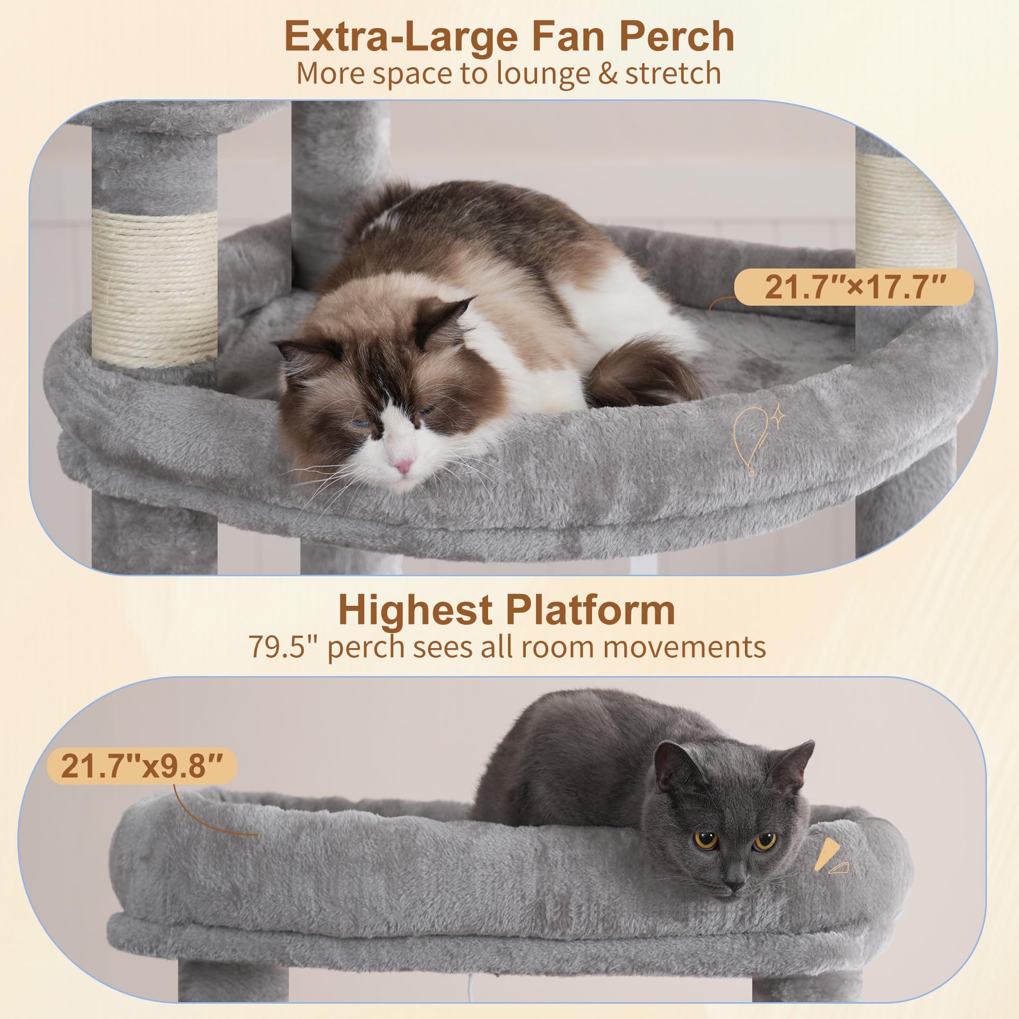 Heybly tall cat tree top perches offer comfy views and gentle lounging.