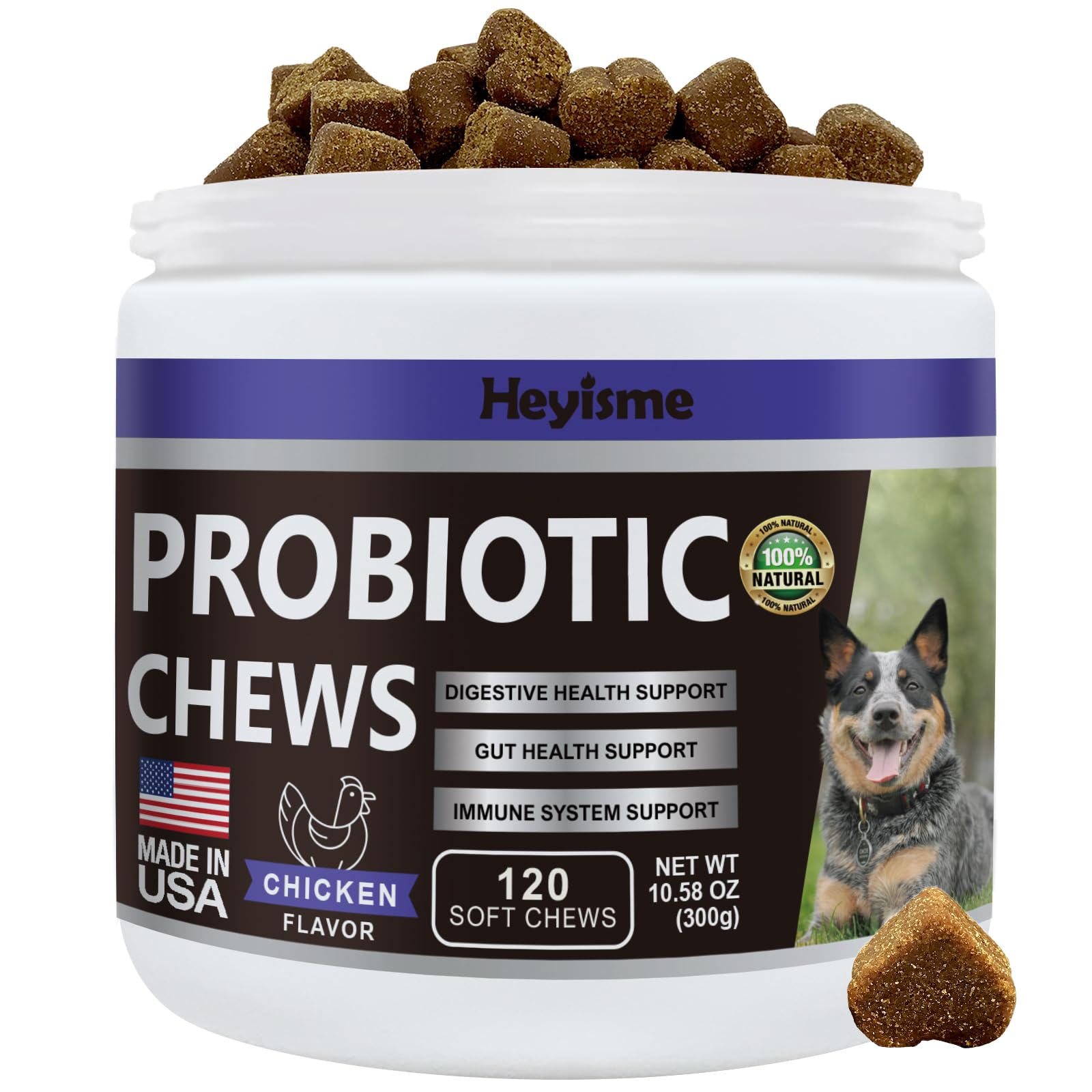 HEYISME Dogs Probiotics bottle demonstrates gut balance support for pets