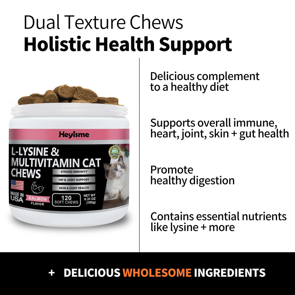 HEYISME Lysine cat treats omega-3 krill oil caps emphasize sustainable sourcing and joint support potential.
