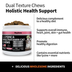 HEYISME Lysine cat treats omega-3 krill oil caps emphasize sustainable sourcing and joint support potential.