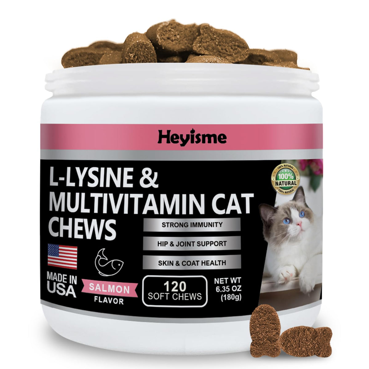 HEYISME Lysine cat treats salmon bottle highlights flavor and daily dosing for immune support.