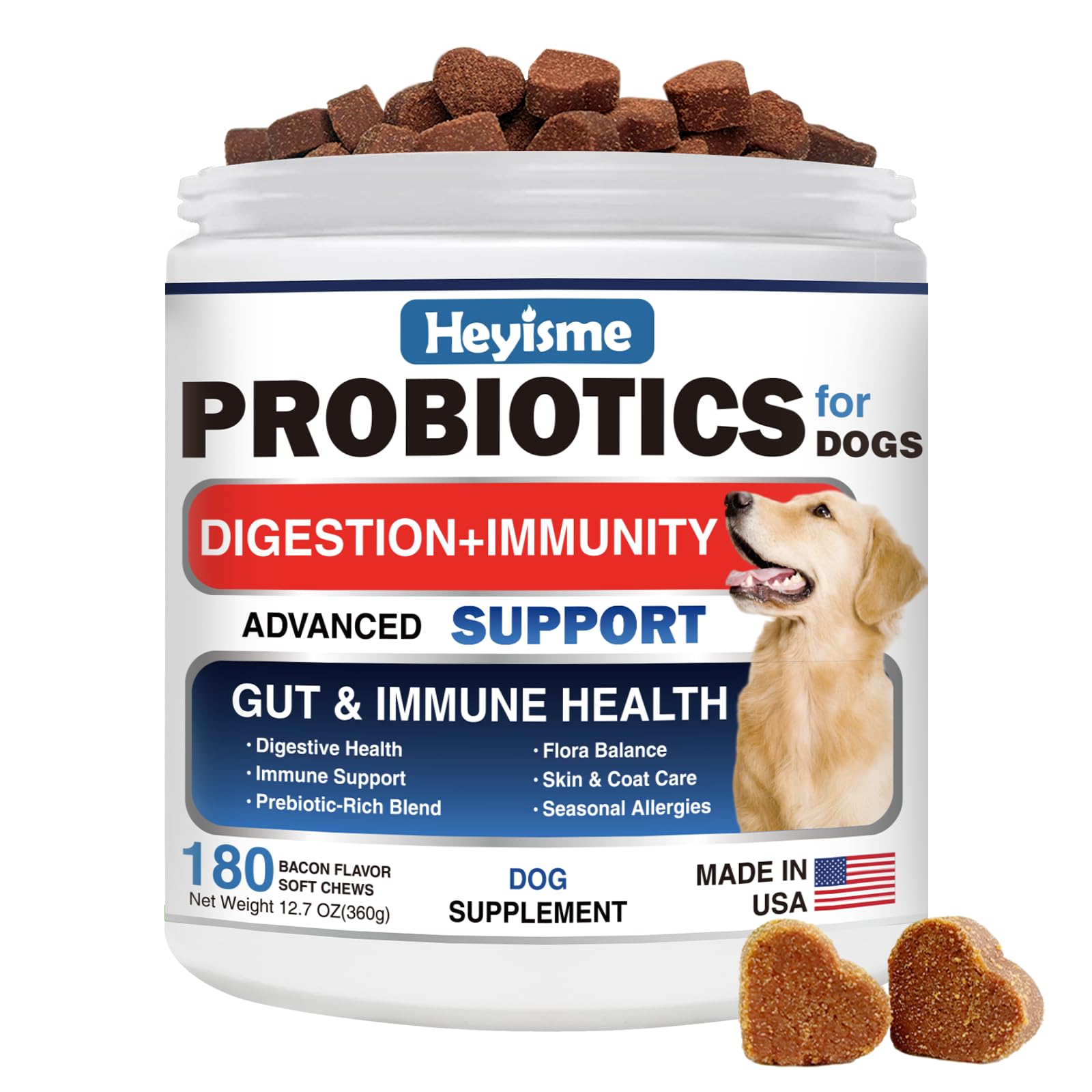 HEYISME probiotics for dogs bacon-chews, tasty daily gut support and flavor appeal