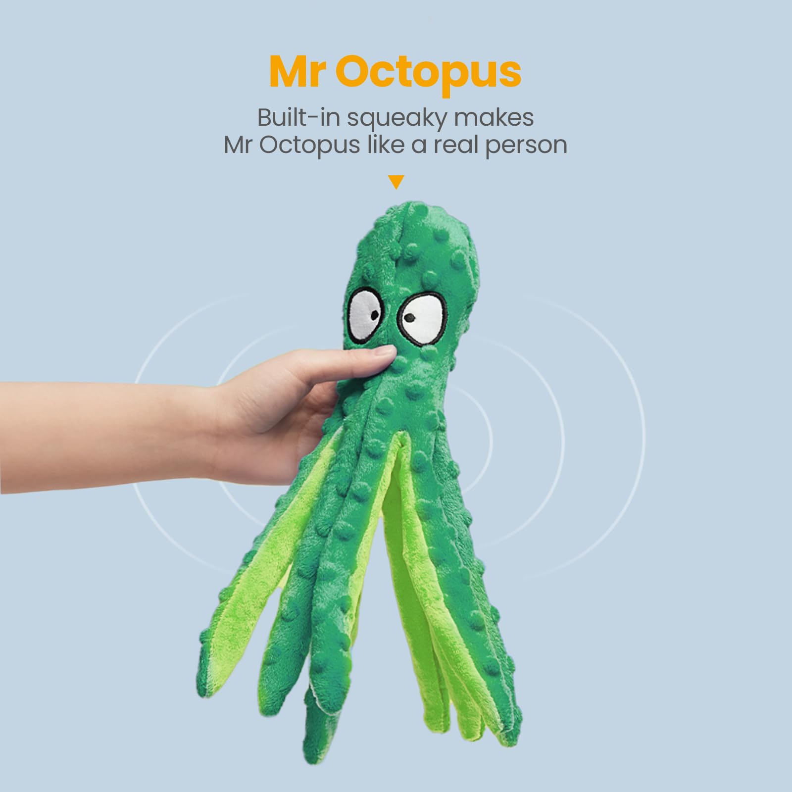 HGB Octopus Crinkle Toy with squeaker for interactive fetch and enrichment.