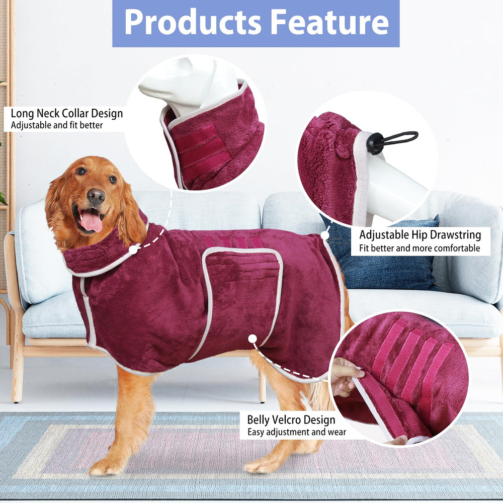 HhiMyOct dog bathrobe blue back view shows full coverage for chilly days.