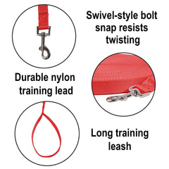 Hi Kiss 100ft recall leash red closeup, clip swivels to resist twists.