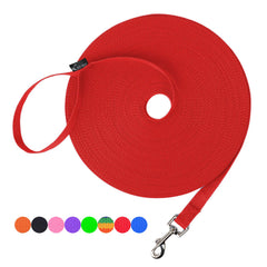 Hi Kiss 100ft recall leash red front view shows sturdy nylon and secure clip.
