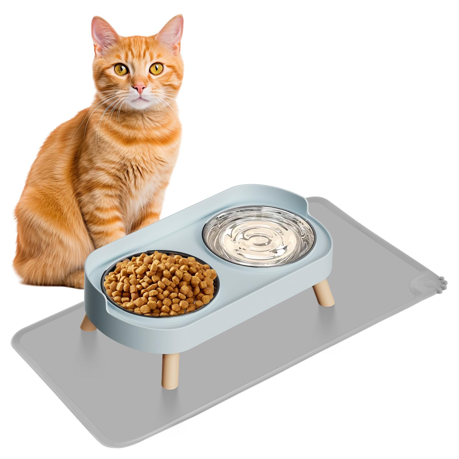 HIAIEVIY elevated cat bowl on blue stand with stainless bowls for calm, neat meals.