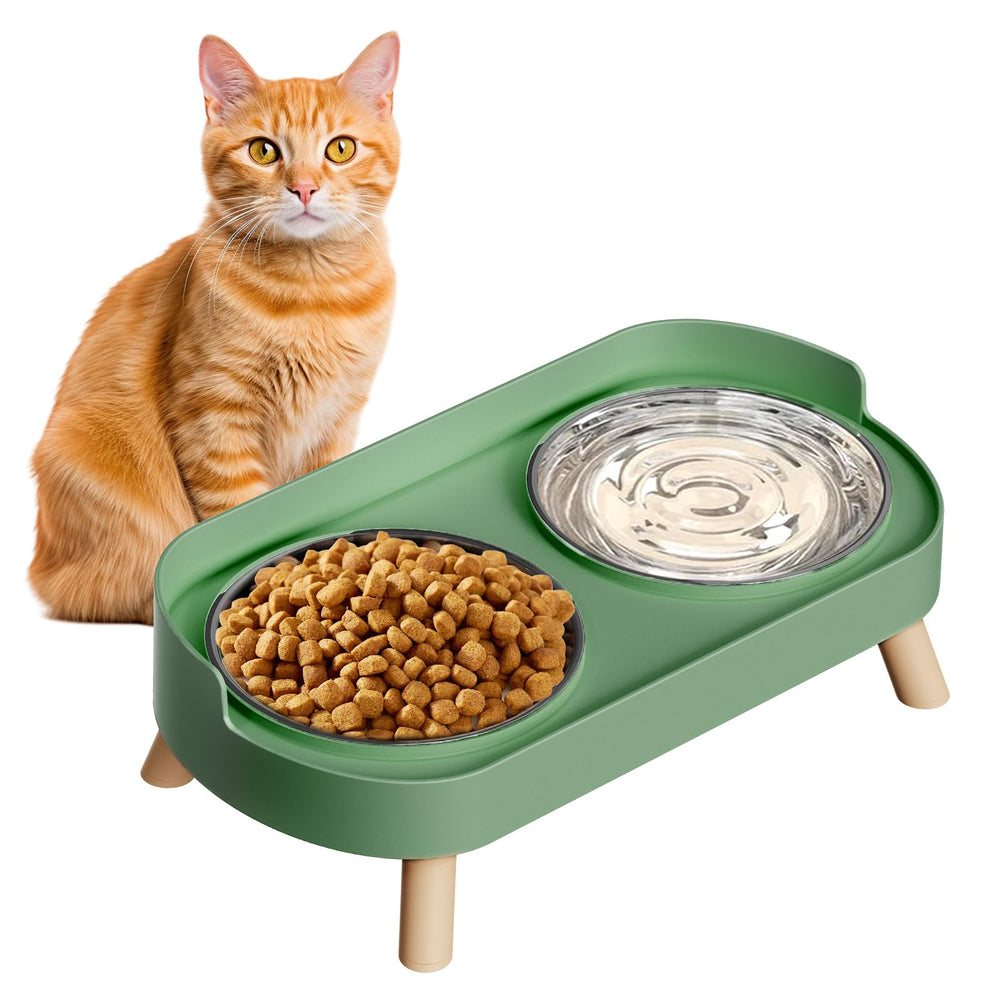 HIAIEVIY elevated cat bowl stand with two shallow bowls for comfortable meals.