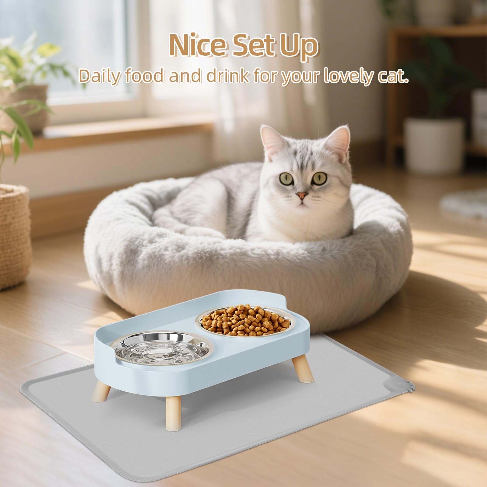 HIAIEVIY three-bowl set keeps cats fed and water available.