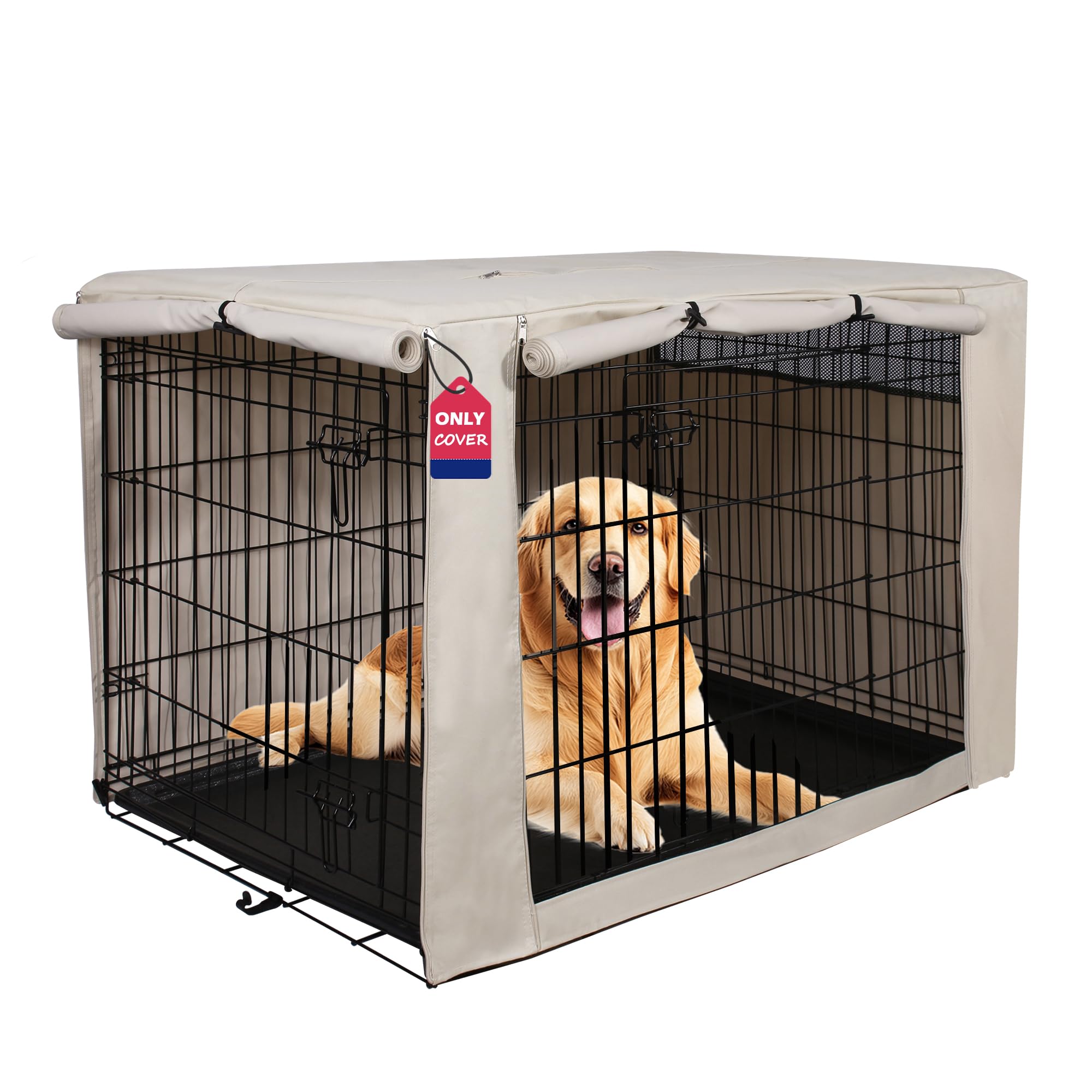 HiCaptain dog crate cover beige front view offering full coverage.